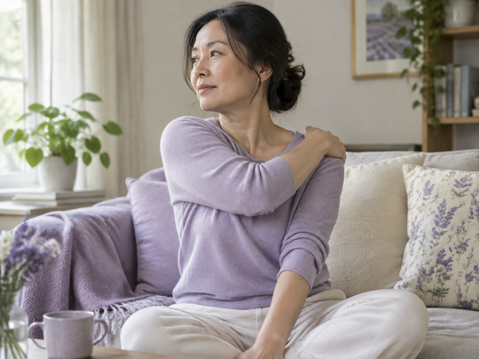 A woman practicing a gentle seated breathing movement at home