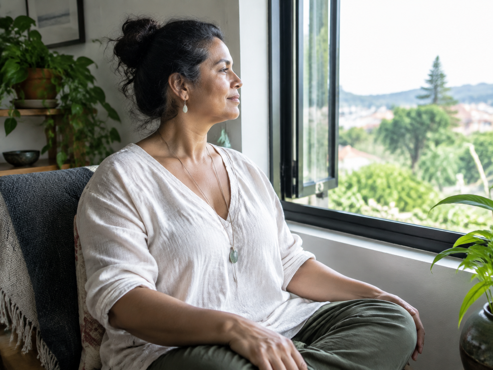 A woman practicing a comfortable breath beside an open window