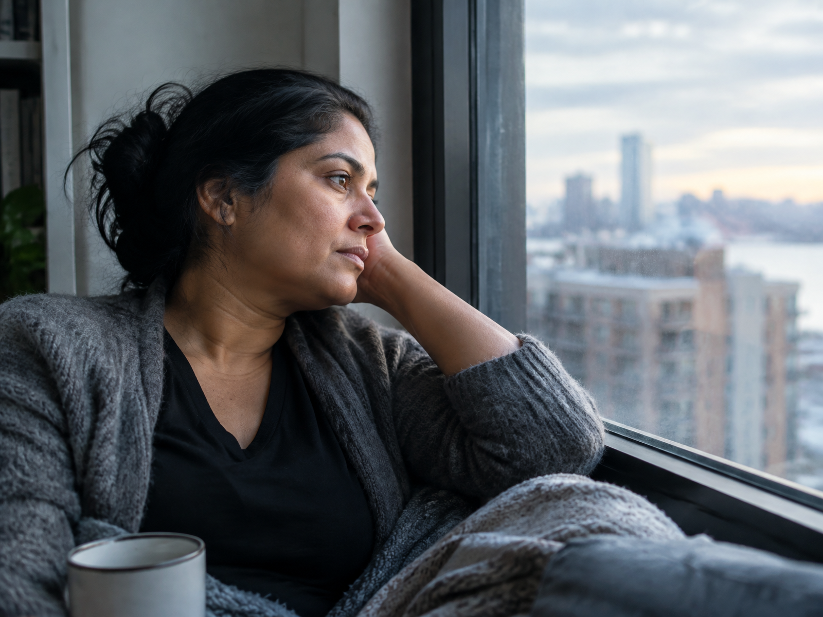 A woman resting by a window while reflecting on persistent exhaustion
