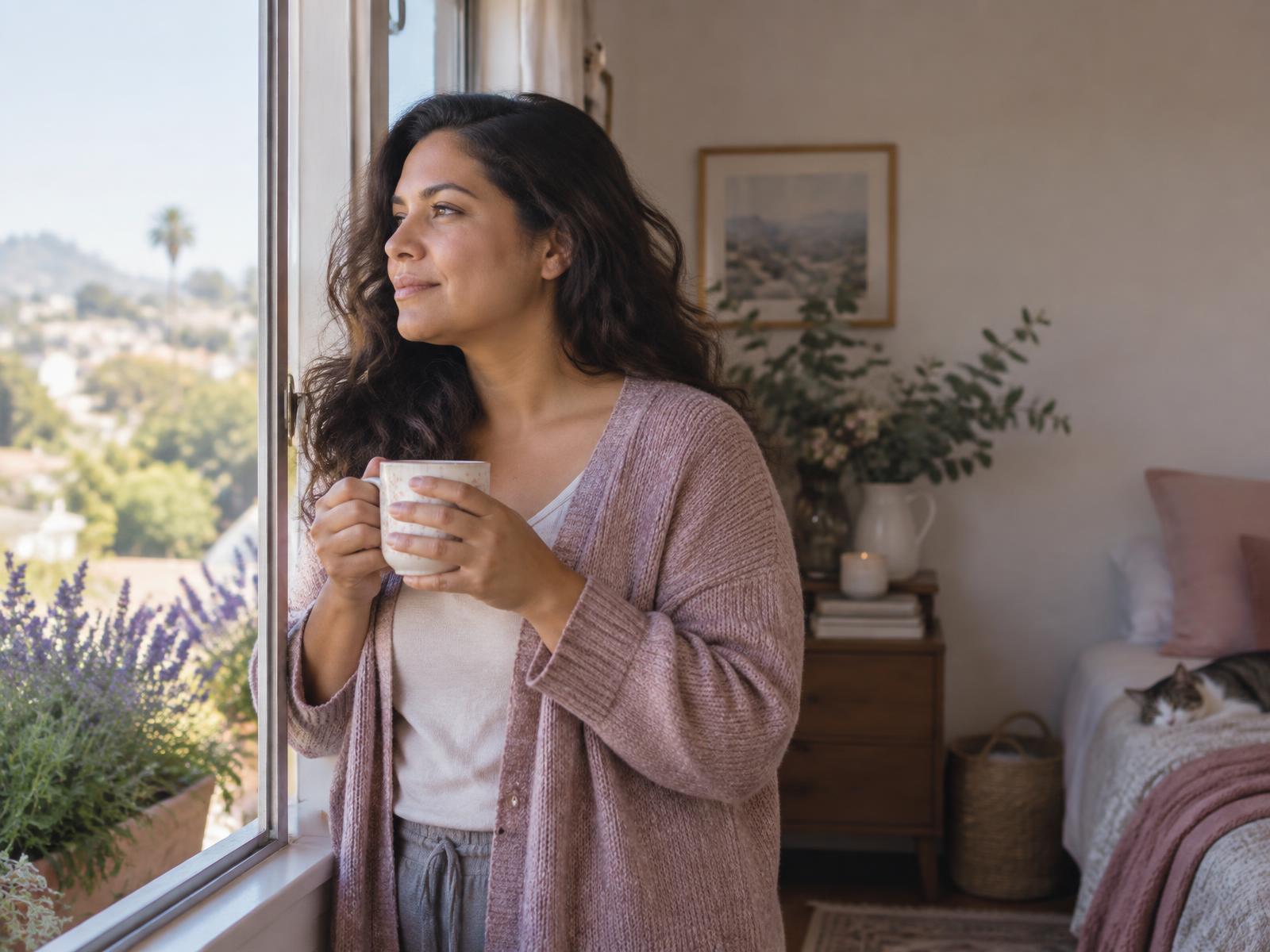 A woman taking a quiet moment by an open window