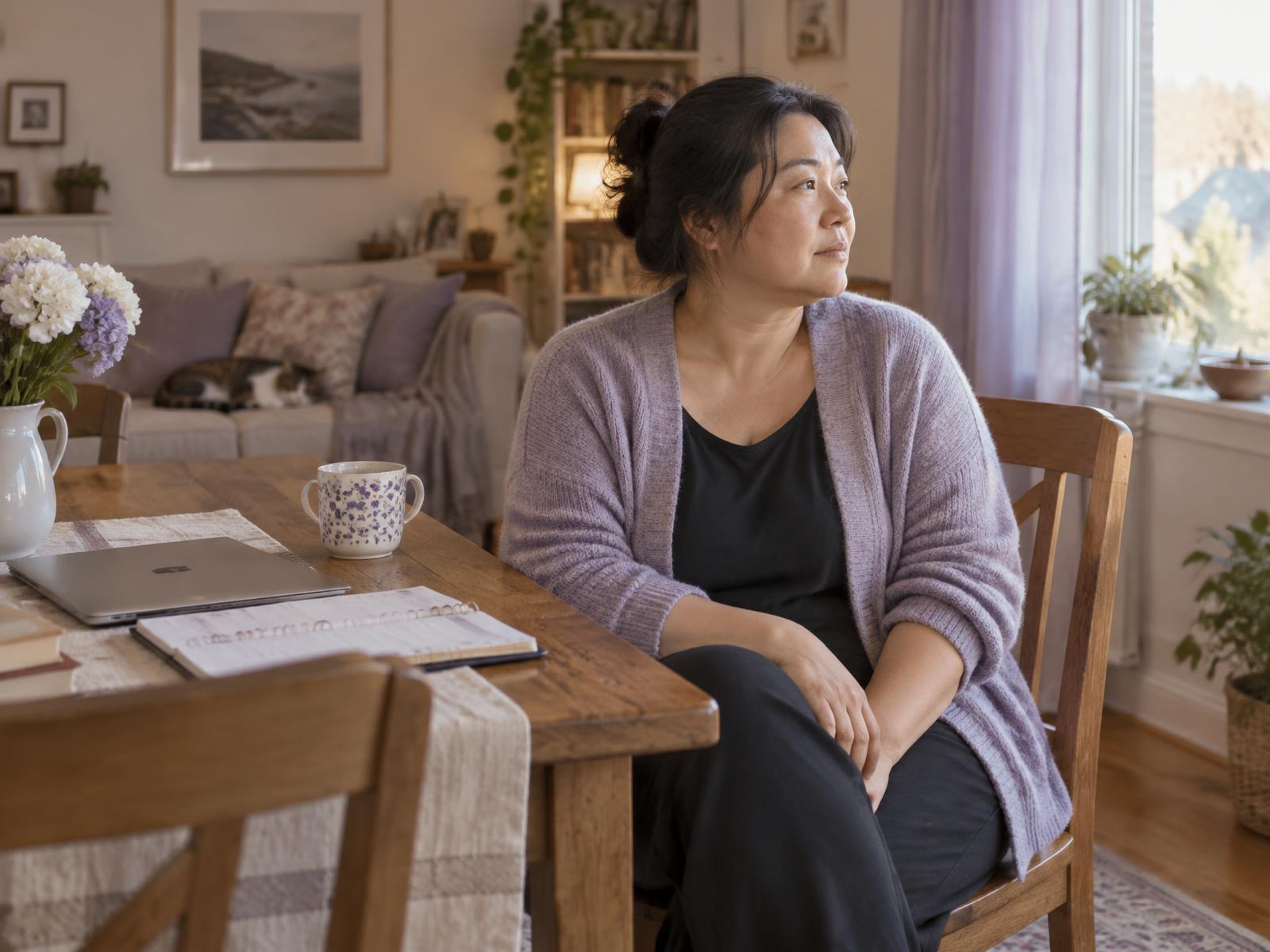 A woman pausing at her dining table after a long day