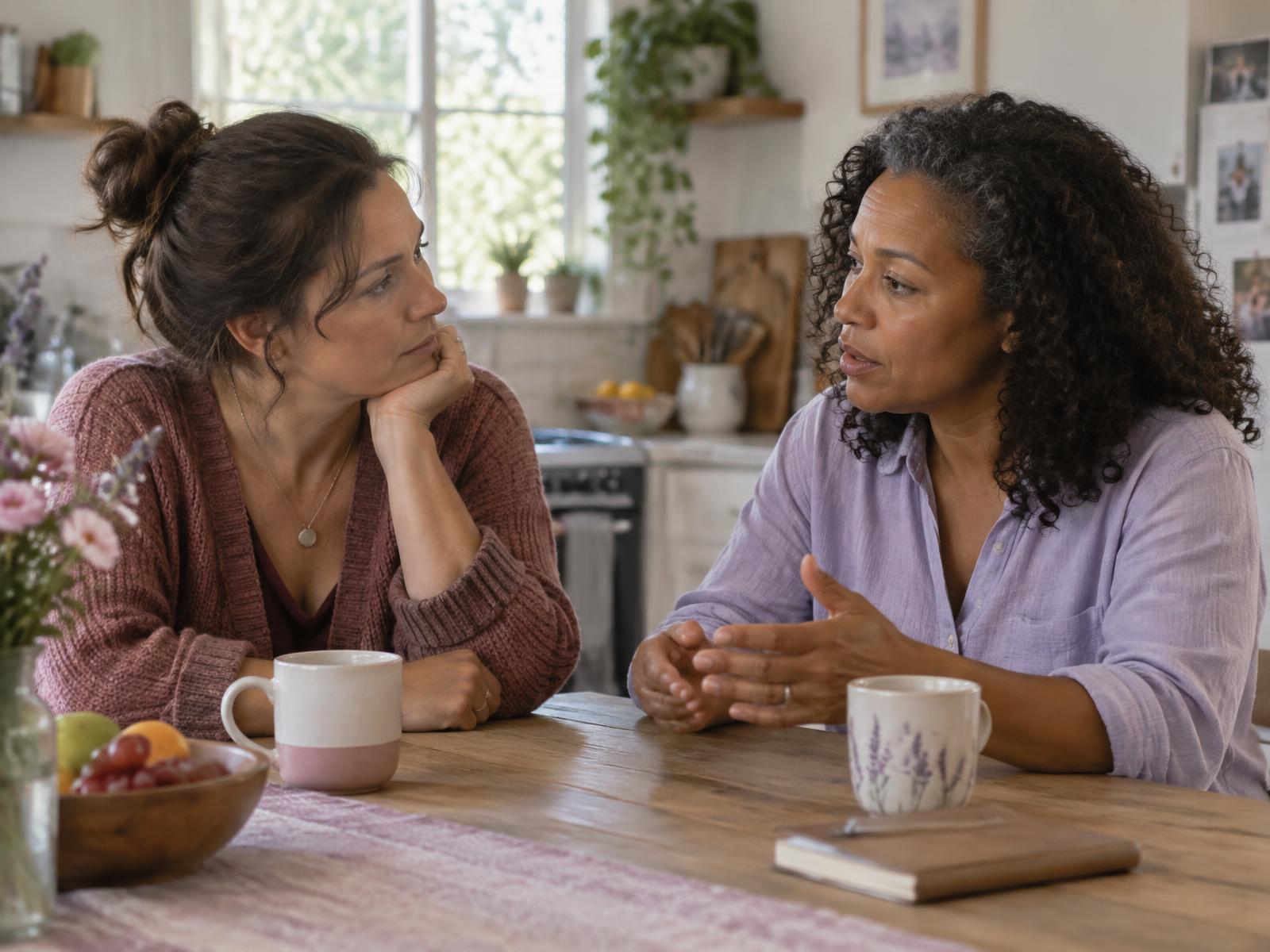 Two women listening to each other during a conversation at a kitchen table