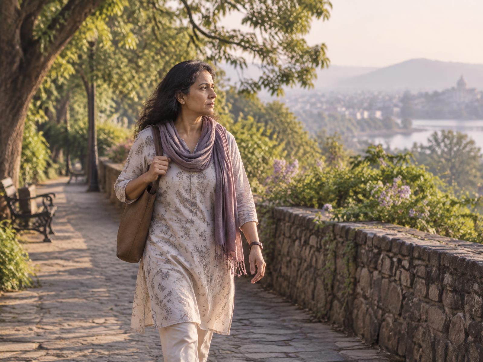 A woman walking along a quiet tree-lined path in morning light
