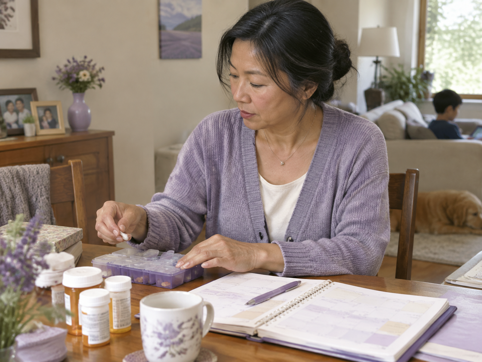A woman sitting beside an older woman during a quiet conversation at home
