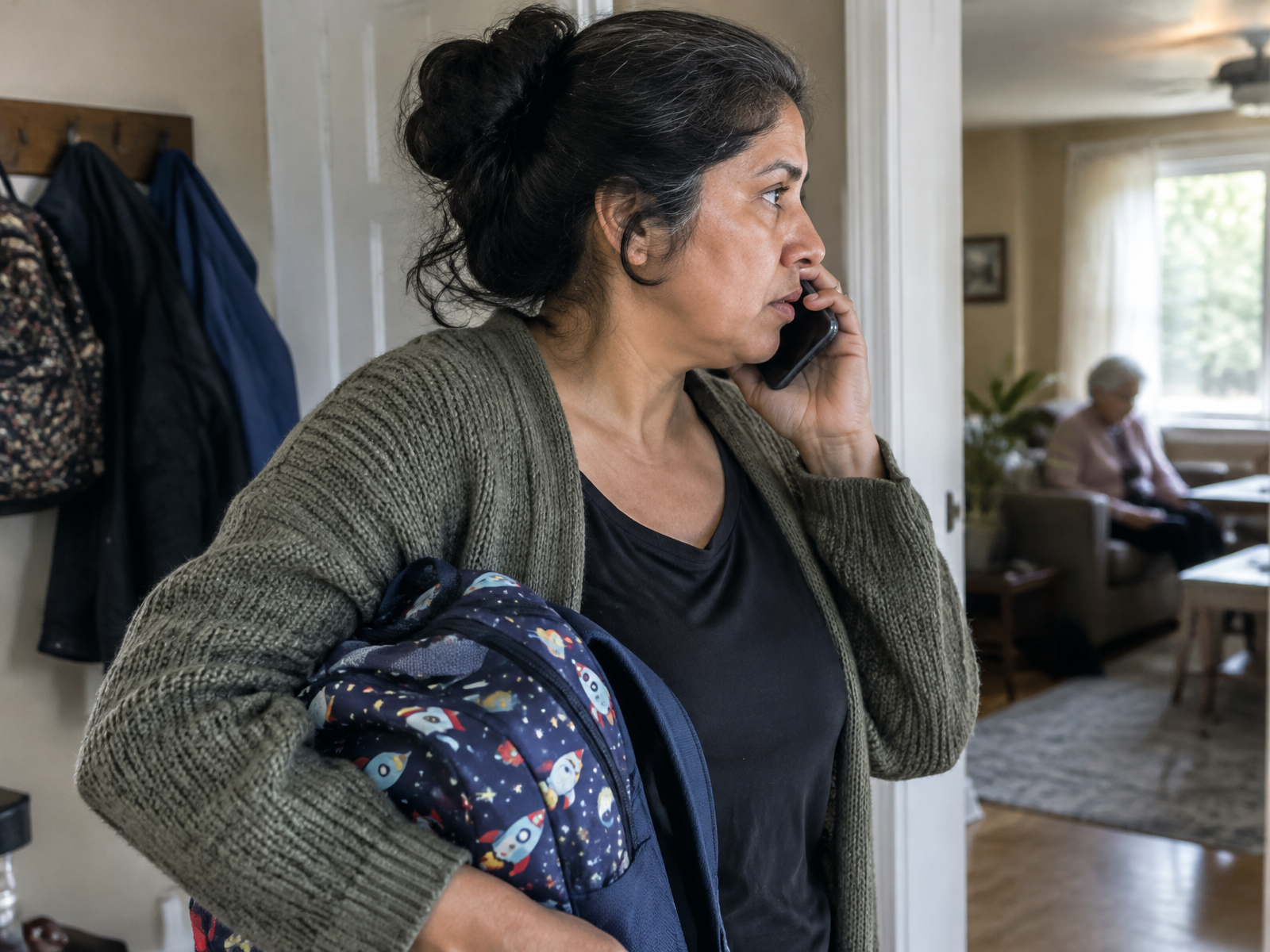 A woman coordinating family responsibilities at home with quiet focus