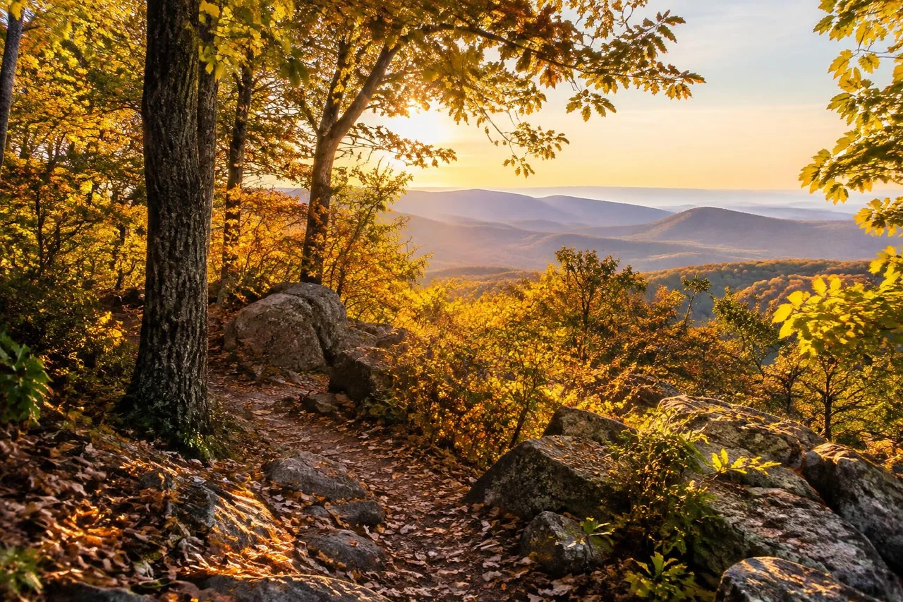 Sunrise over an autumn trail in Maryland mountains