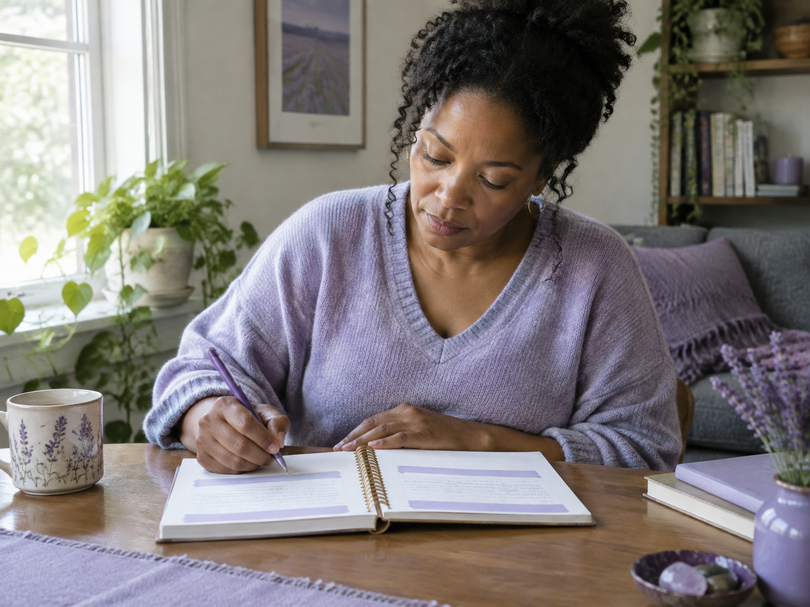 A woman writing down a recurring thought in a notebook by a window