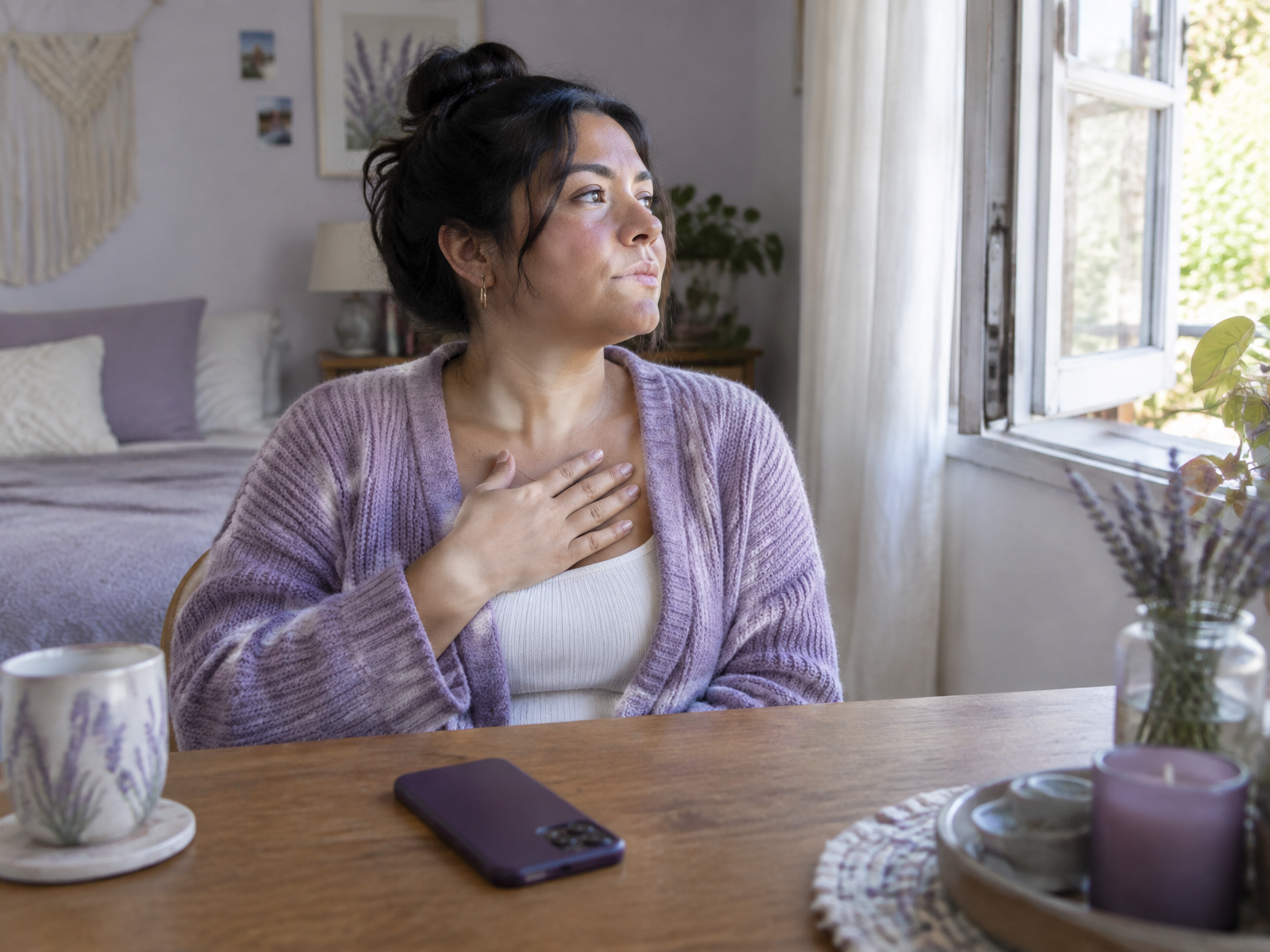 A woman pausing during a difficult conversation to gather her thoughts