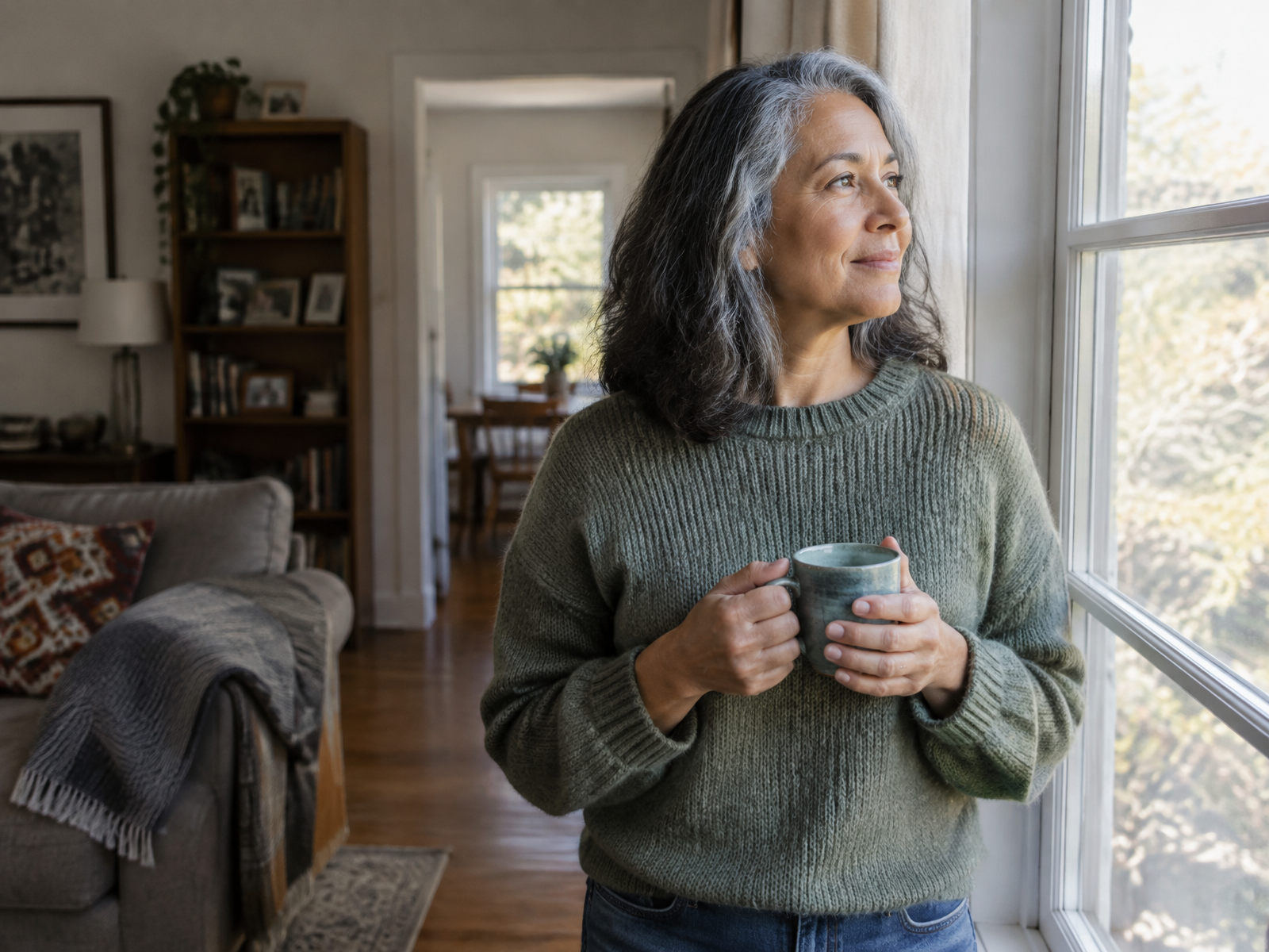 A woman in midlife holding a cup and looking through a window in a quieter home