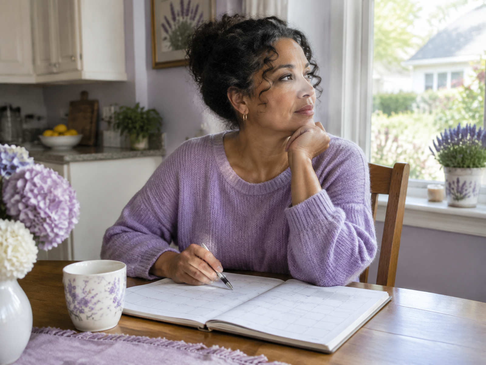 A woman reviewing her calendar before a private video consultation in soft window light