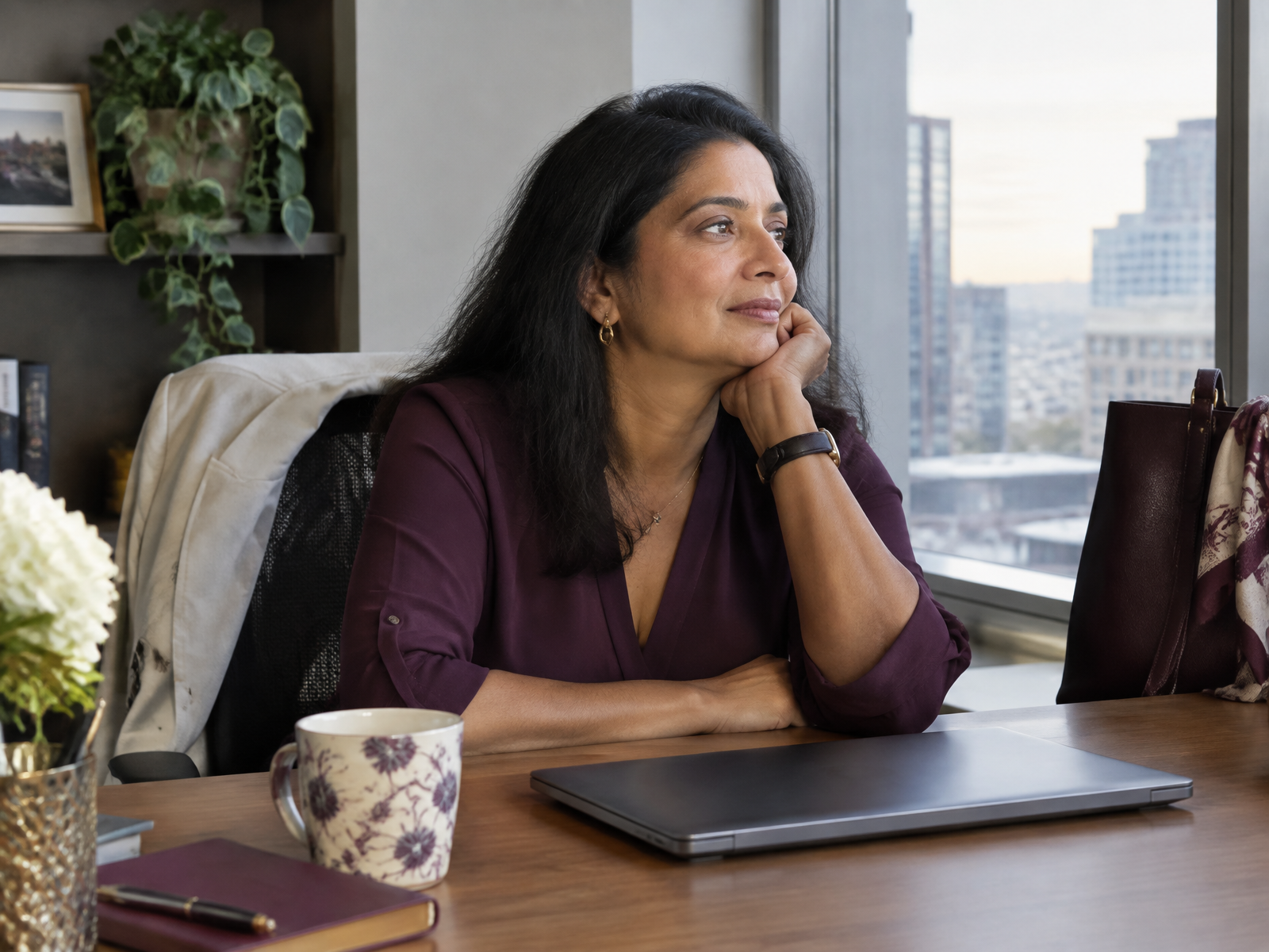 A professionally dressed woman pausing beside her desk after a full workday