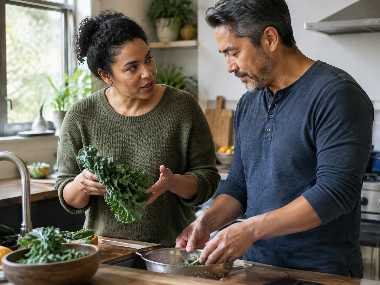 A couple talking while sharing household work in a bright kitchen