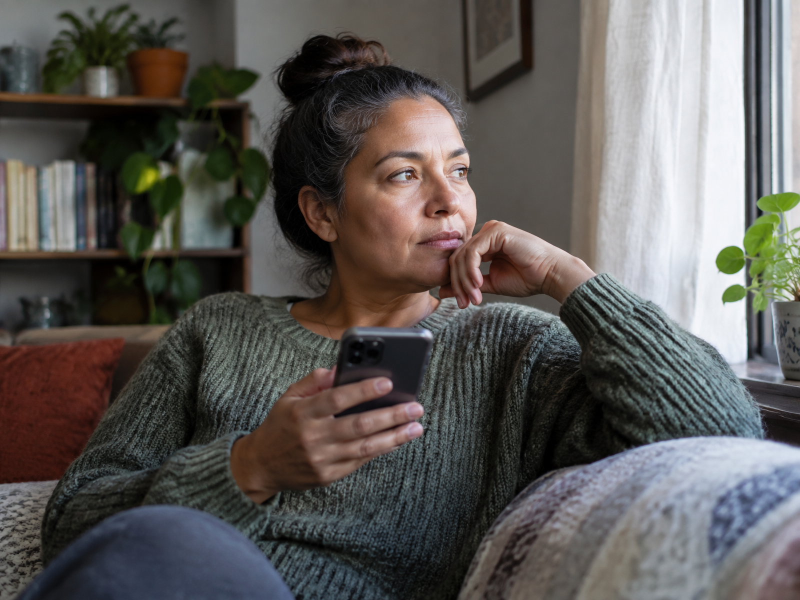 A woman pausing before answering a request on her phone