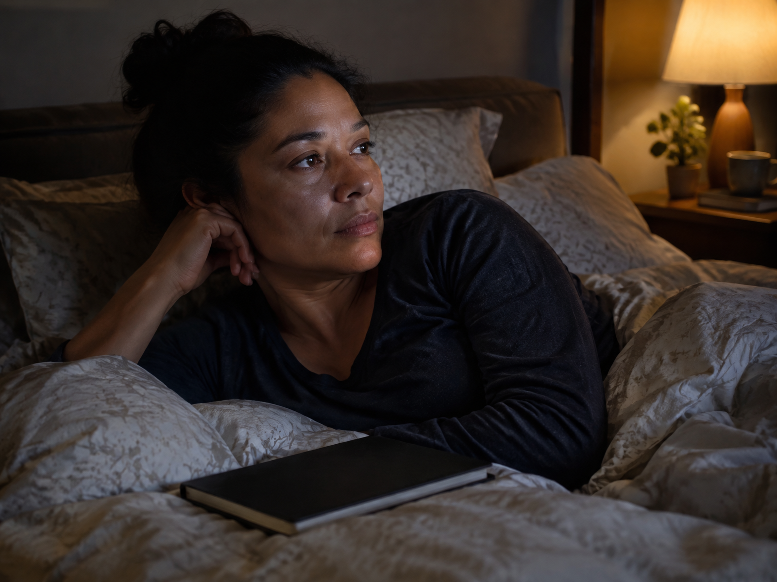A woman awake in bed beside a closed notebook and warm bedside light