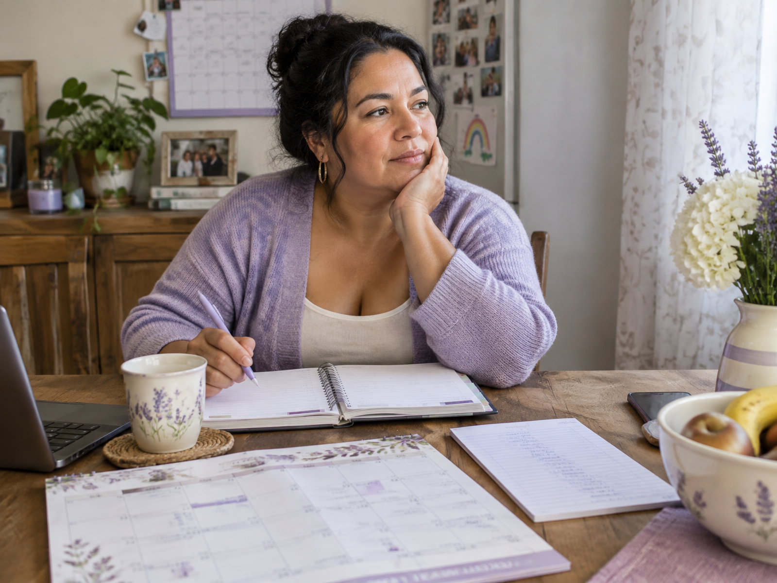 A woman sorting a family calendar and household notes at a kitchen table