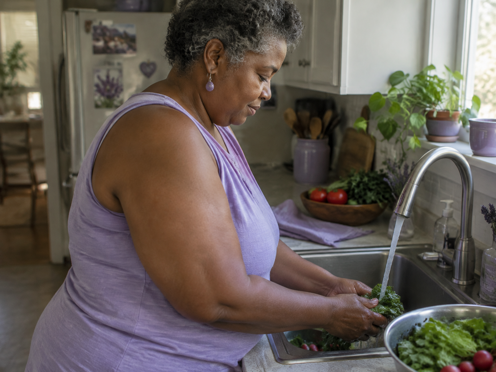 A woman paying attention to an ordinary task in calm morning light