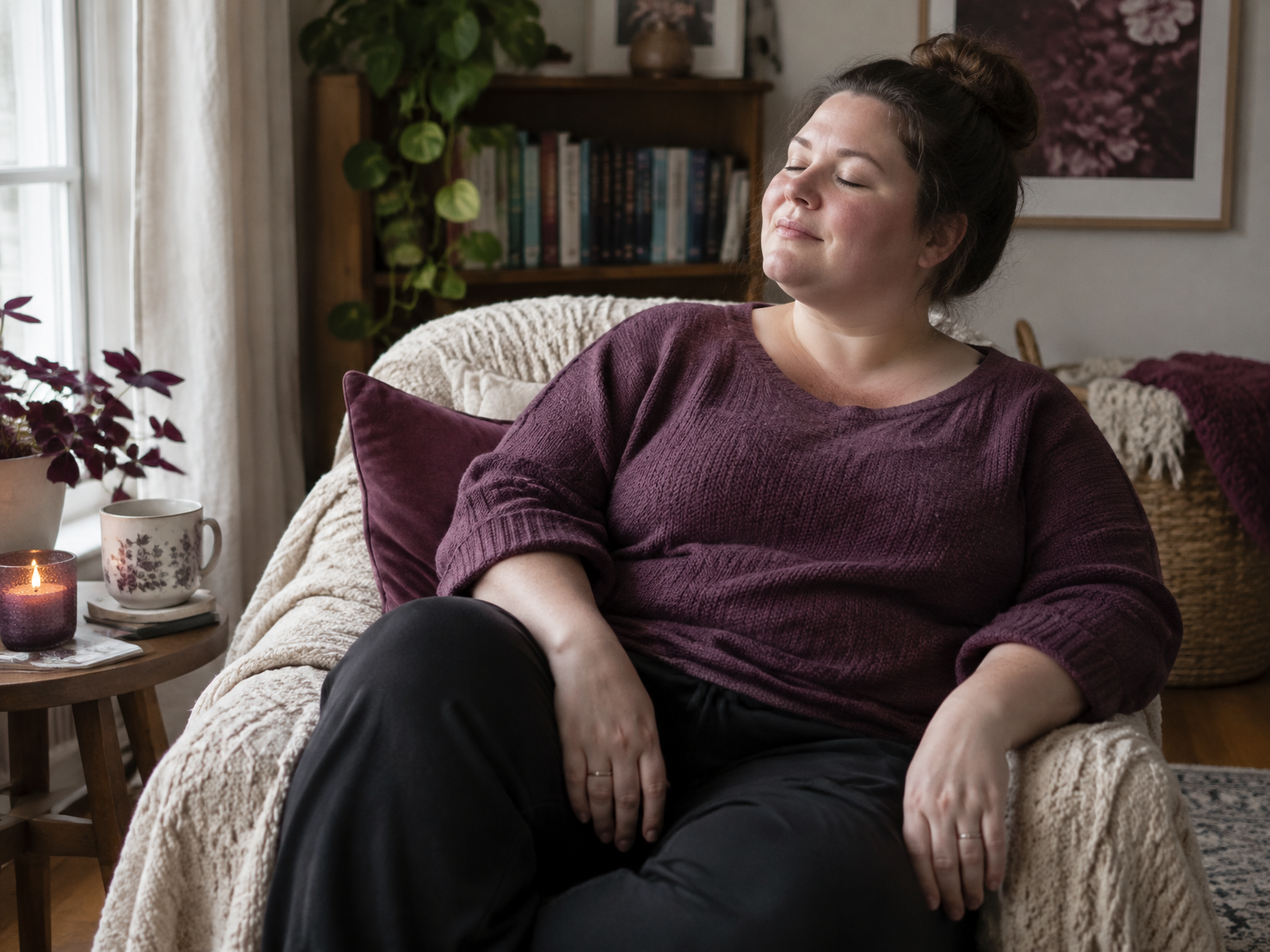 A woman taking a quiet pause away from a busy household room