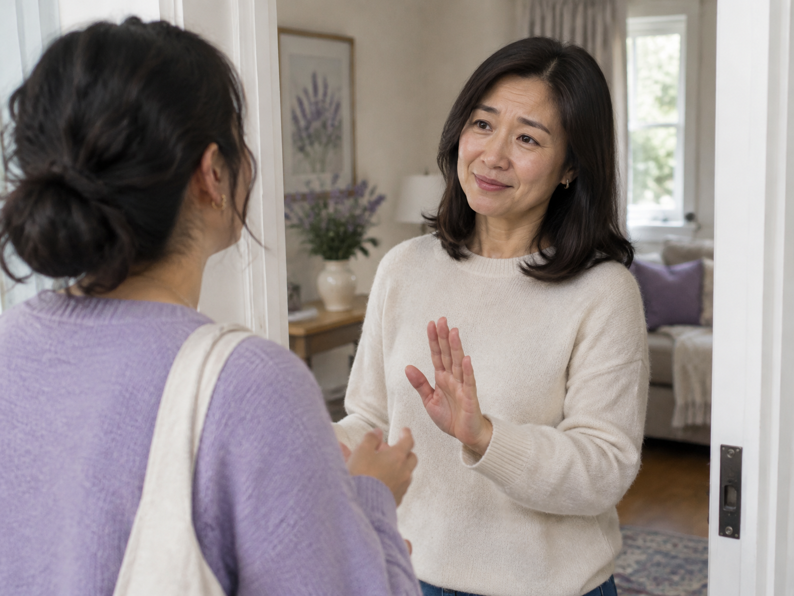 A woman listening thoughtfully during a conversation with a friend
