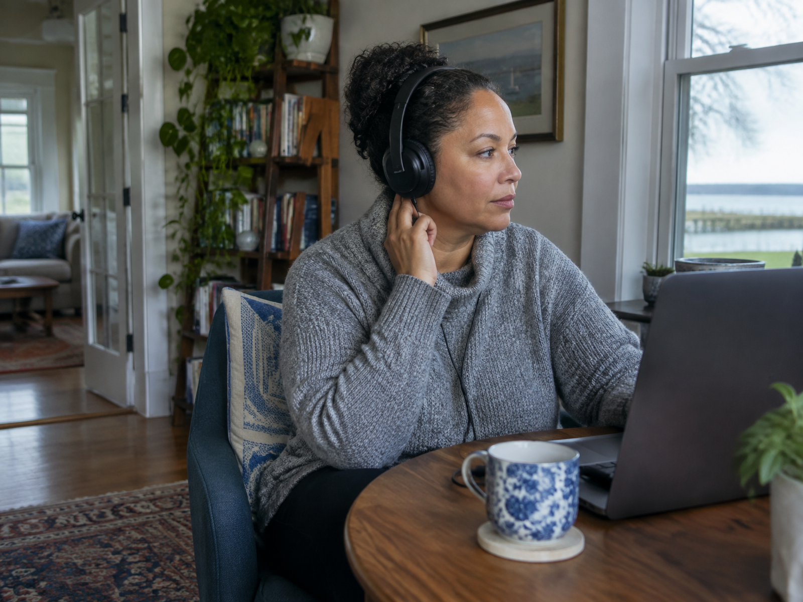 A woman testing headphones and a laptop before a private telehealth session