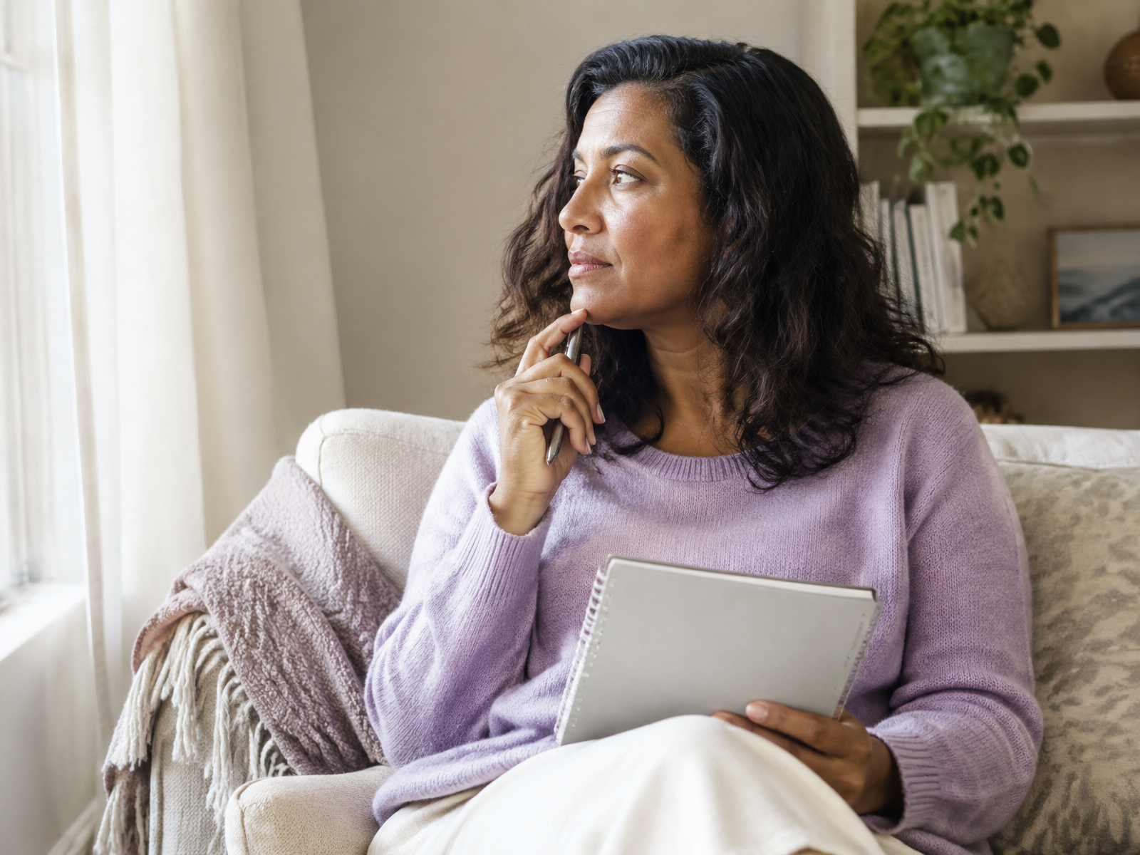 A woman comparing private pay therapy information at home in natural light
