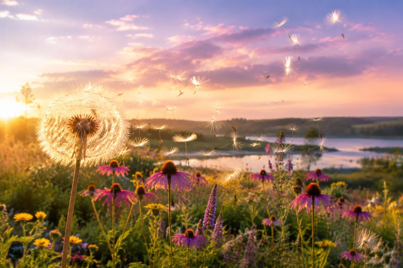 Dandelion seeds over a sunlit Maryland meadow