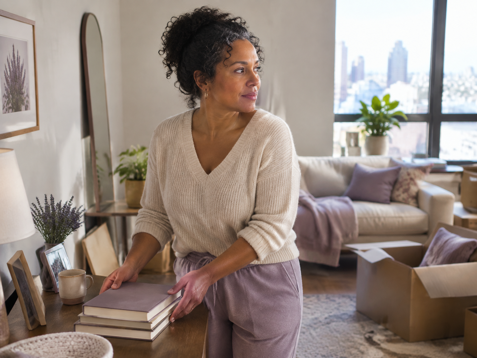 A woman arranging belongings in a new living space in soft natural light