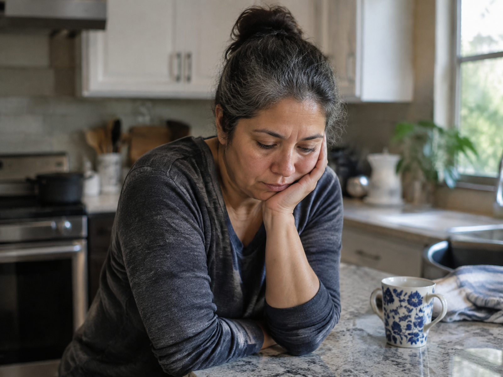 A caregiver taking a quiet pause beside a bright window