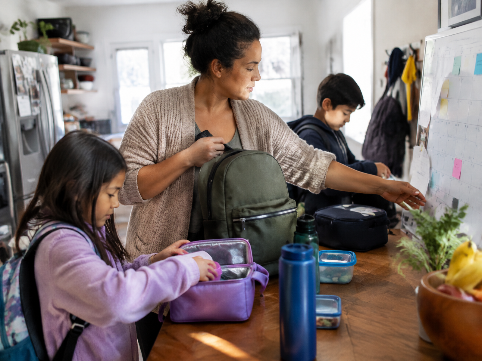 A mother managing a family schedule at a kitchen table