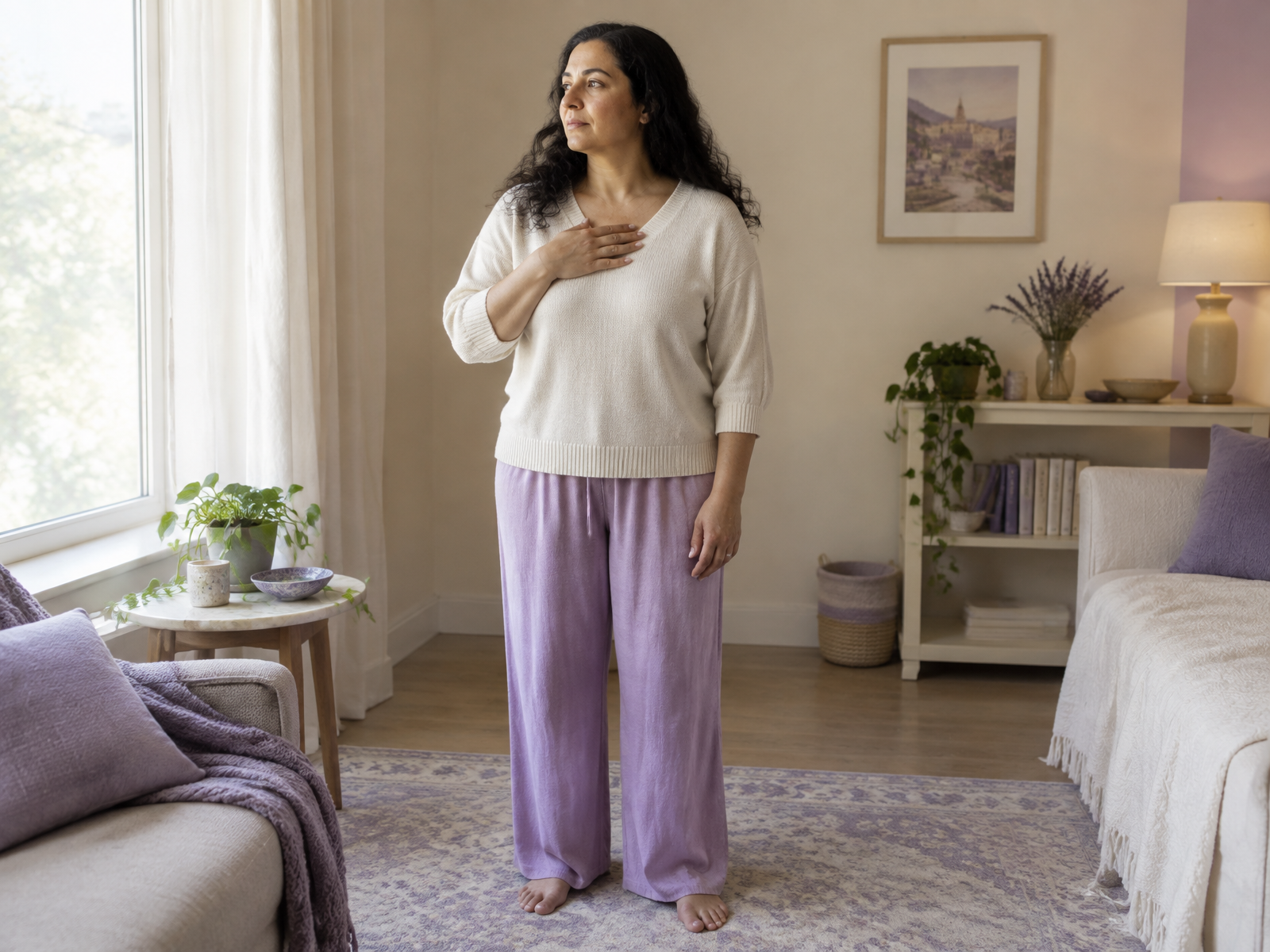 A woman noticing her breathing and posture while seated at home