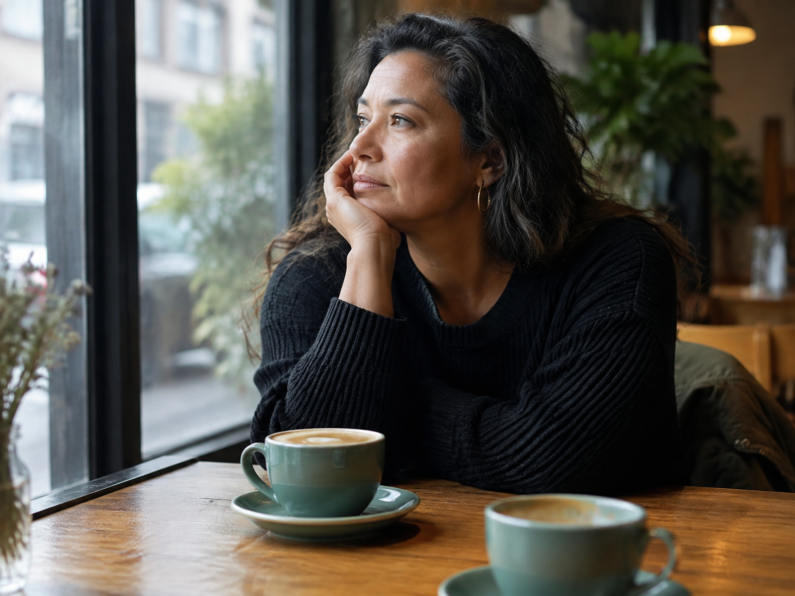 A woman reflecting at a cafe table after talking with a friend