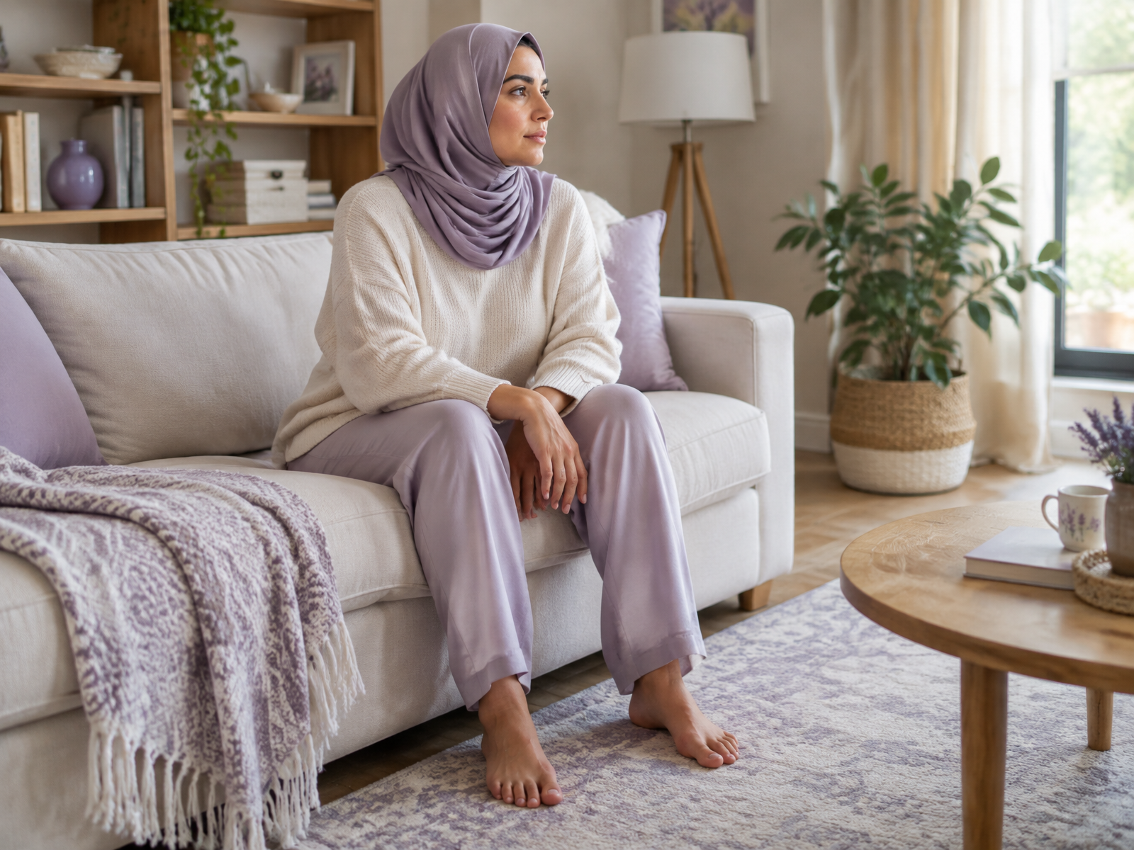 A woman resting her hands on a table while taking a quiet pause at home