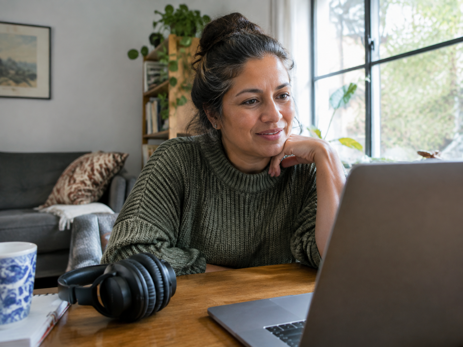A woman joining a private video session from a quiet room at home