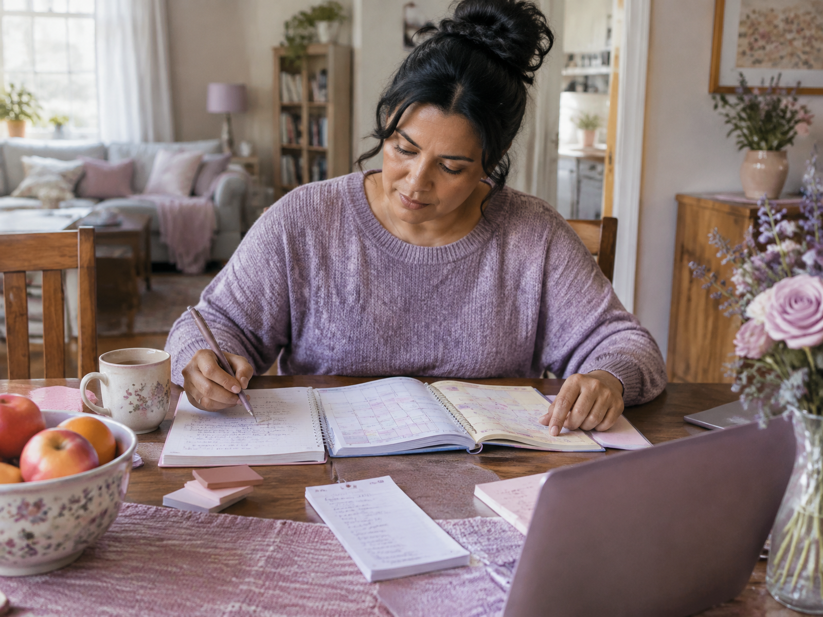 A woman organizing a busy household calendar at a sunlit table