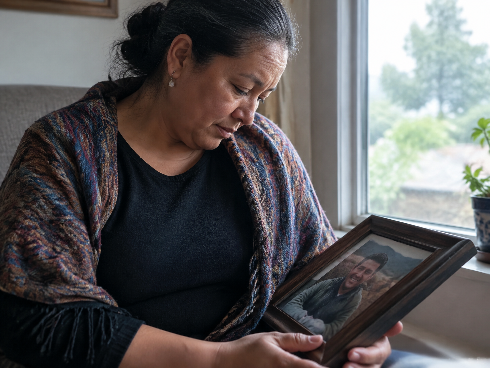 A woman holding a meaningful framed photograph near a window