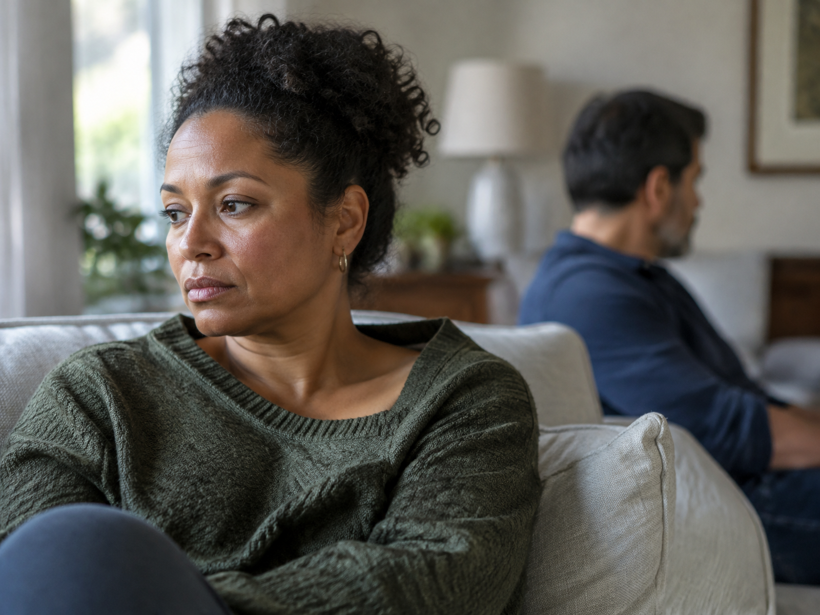 A couple sitting apart after an argument in soft natural light