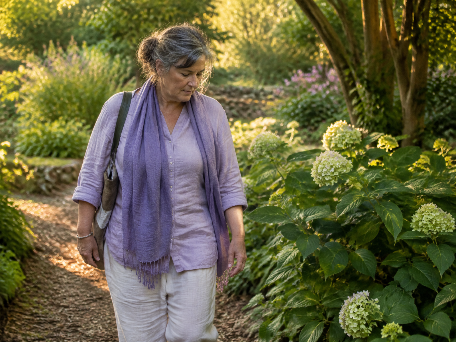 A woman in midlife walking thoughtfully through a sunlit garden