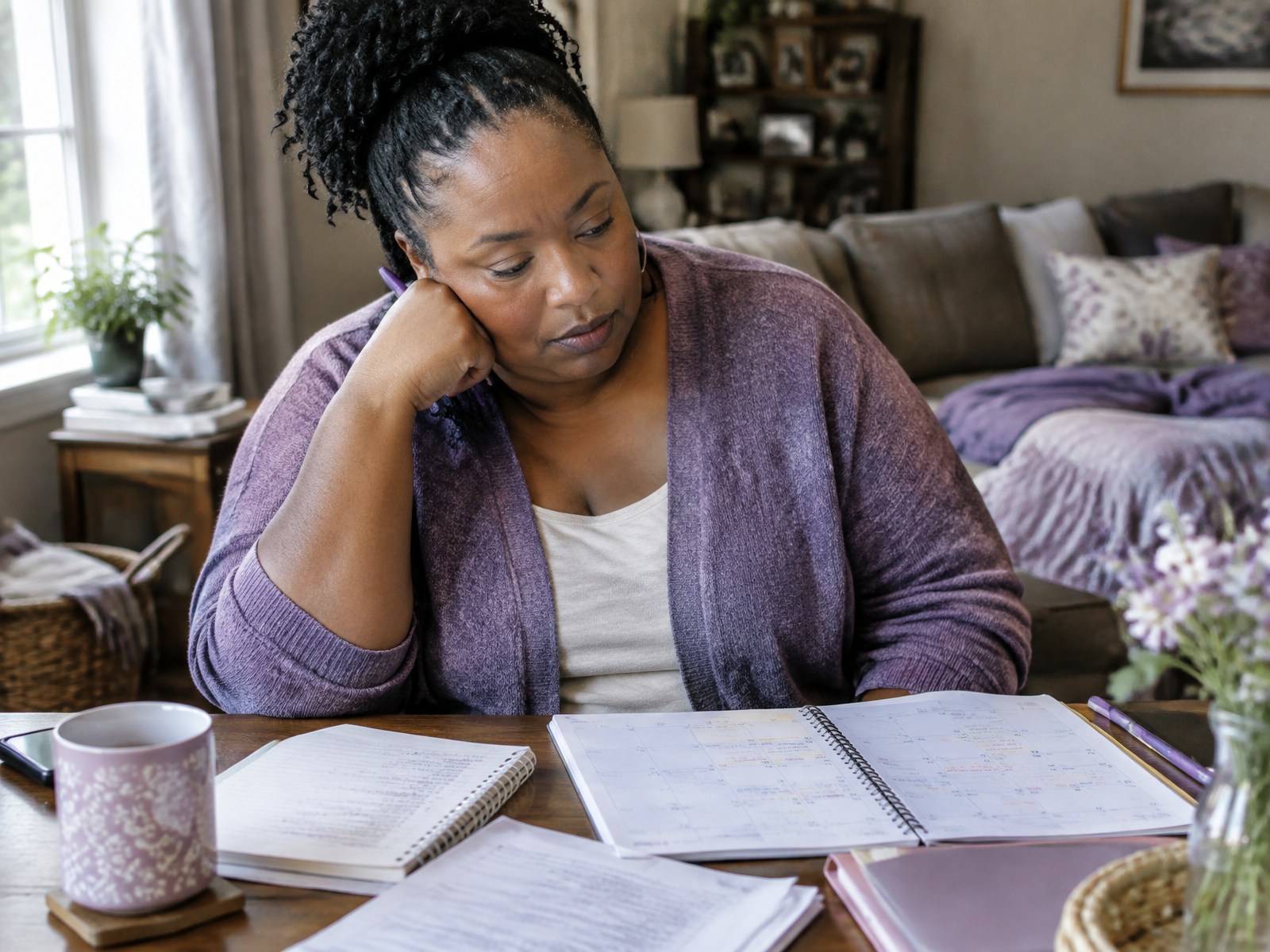 A woman reviewing a household calendar at a dining table in soft window light