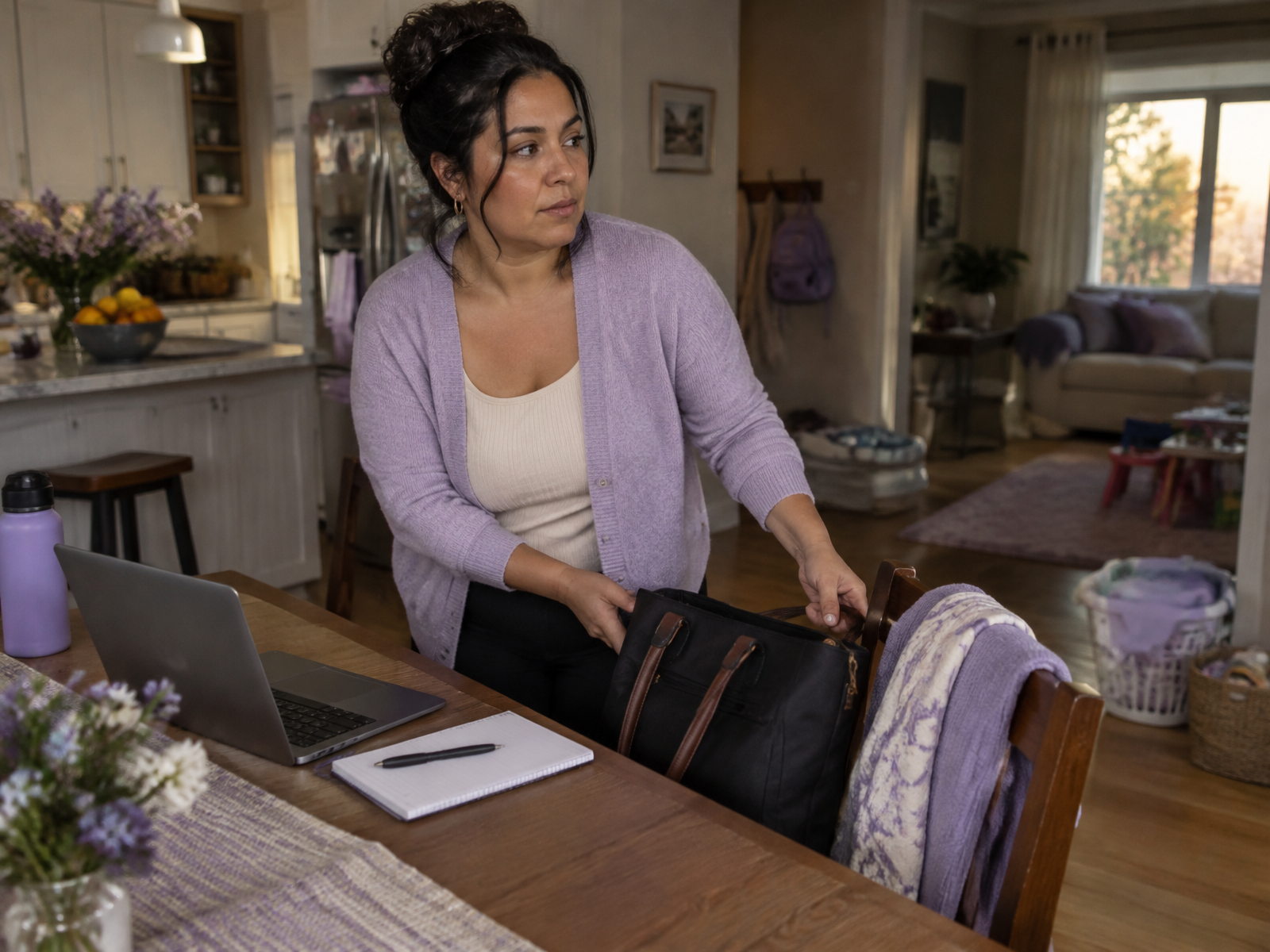 A working mother closing her laptop while tending to family life at home
